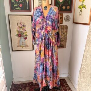 Vintage Batik Floral Multicolor Maxi Drop Waist Dress